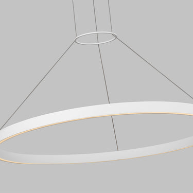 White finish LED suspension chandelier with 3000K warm white light, ideal for tall ceilings