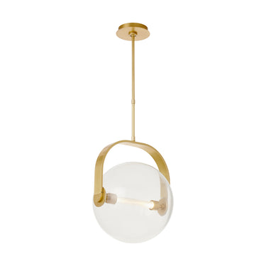 Modern LED ceiling pendant with 14.8" clear hand-blown glass and natural brass hardware