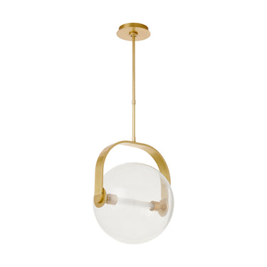 Mid-century style Fues LED pendant light with clear globe glass and brass stem