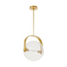 Mid-century style Fues LED pendant light with clear globe glass and brass stem