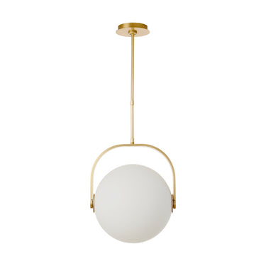 Suspended LED pendant light with opal globe glass and brass mount, 14.8 inch wide