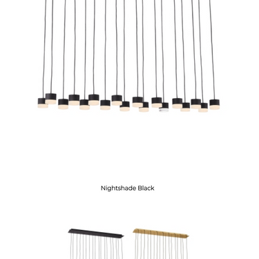 High-end linear pendant chandelier with cuttable cords and warm LED lighting in black or brass finish.