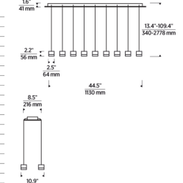 Long linear dining chandelier with dimmable LED and 18 hanging alabaster lights line drawing