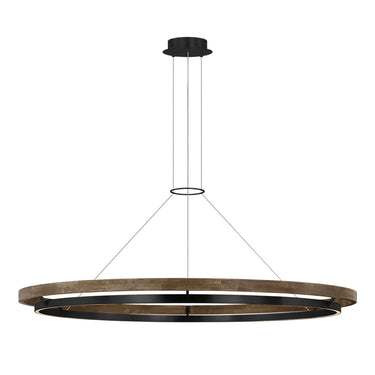 Visual Comfort two-ring LED chandelier in natural oak wood and black finish for large open-concept rooms
