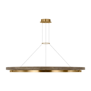 Sean Lavin dual-ring chandelier with 3000K LED in weatheredl oak wood and natural brass for modern interiors