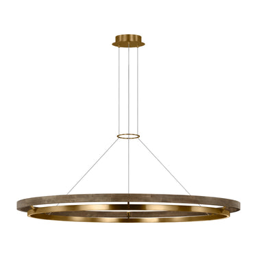 Large modern LED chandelier with oak wood and natural brass ring for luxury commercial lighting applications