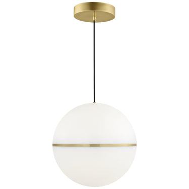 Brass finish with globe acrylic ceiling pendant with acrylic diffuser and black cord, compatible with sloped ceilings