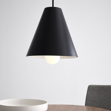 Matte black LED pendant light with 17-inch conical shade for upscale kitchens, bedrooms, or commercial areas