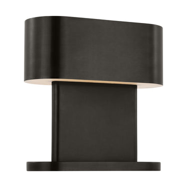Commercial-grade 12" bronze LED table lamp with alabaster shade for hospitality settings.