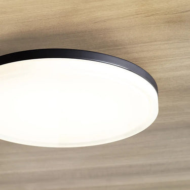 16 inch modern round flush mount, black finish, illuminating a living room.