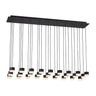 27-light alabaster linear chandelier with brass finish suspended over modern kitchen island in black finish