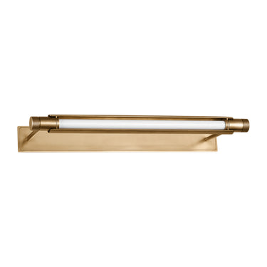 Contemporary brass picture light, 36 inch wide, 3000K-1800K warm dim LED, wall mounted artwork lighting.