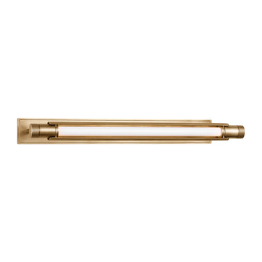 Brass LED art light, wide 36 inch, low profile design, dimmable picture light for canvas prints, natural patina.