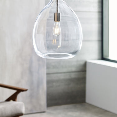 Quinton Pendant Light with Large Teardrop Clear Glass Shade and Satin Nickel Mount by Visual Comfort