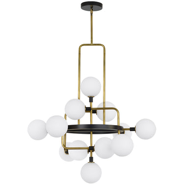 Elegant opal glass and brass LED chandelier ideal for luxury dining rooms or boutique retail spaces