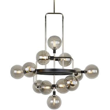 Mid-century modern chandelier with smoke globes and nickel detailing for stylish living or hospitality spaces