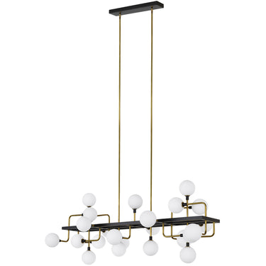 Brass linear chandelier with opal glass globes, 56-inch long fixture for home or commercial spaces