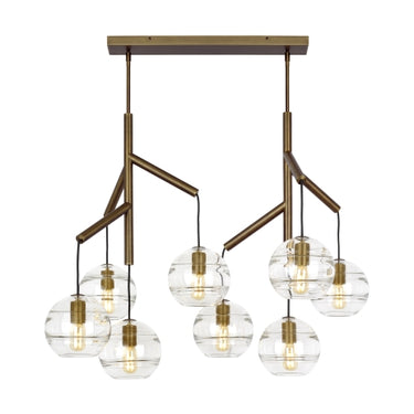 Modern Aged Brass Chandelier with Clear Glass Globes for Residential Interiors