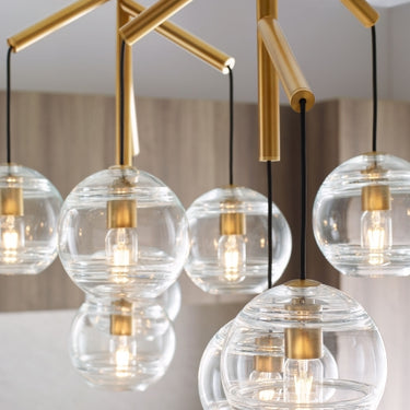 Branch Style Double Chandelier with Clear Glass and Brass for Contemporary Dining Areas