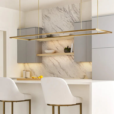 Contemporary natural brass LED linear pendant light for large kitchen islands or dining tables