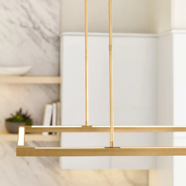 Natural brass LED linear pendant lighting for restaurants, lobbies, and hospitality spaces
