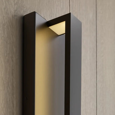 Slim profile black outdoor wall sconce, Windfall 16, for modern home exterior lighting