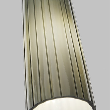 Visual Comfort Zenith mini LED pendant in Antique Bronze: Close-up of the fixture, highlighting the deep bronze finish and the texture of the ribbed glass.