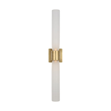 Kelly Wearstler designed brass Volver LED wall light with etched glass shade for luxury living room and office decor