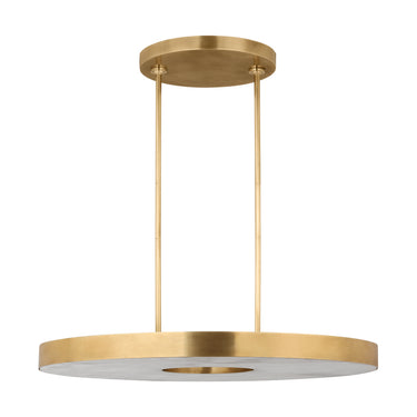 Decorative round alabaster diffuser on a 36" antique brass LED chandelier.