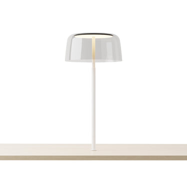 Yurei Co-Working Desk Lamp – Matte White, Through-Table Mount, 14" Transparent Polymer Shade – Clear
