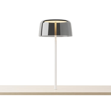 Yurei Co-Working Desk Lamp – Matte White, Through-Table Mount, 14" Transparent Polymer Shade – Dark Gray