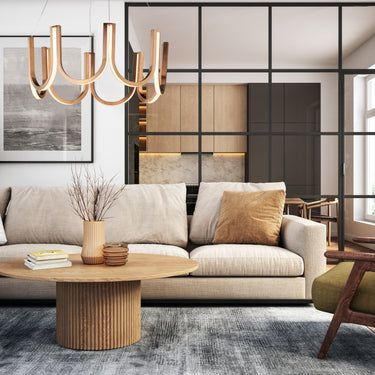 ET2 You u-channel ring pendant over a coffee table in a living room