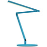 The Koncept Z-Bar Mini Gen 4 desk lamp's touchstrip dimmer, located on the head, with a hand adjusting the brightness for a dimmable LED light - Blue finish.