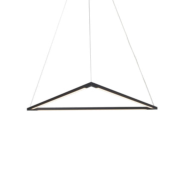 Triangle LED pendant by Koncept, matte black finish, dimmable 21W 3000K warm white over a kitchen island.