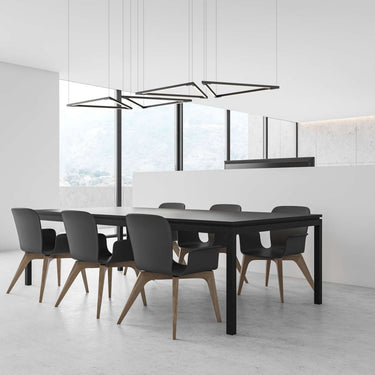 Koncept Z-Bar Triangle ceiling pendant, matte black finish, UL Listed dimmable LED for hotel lobby lighting.
