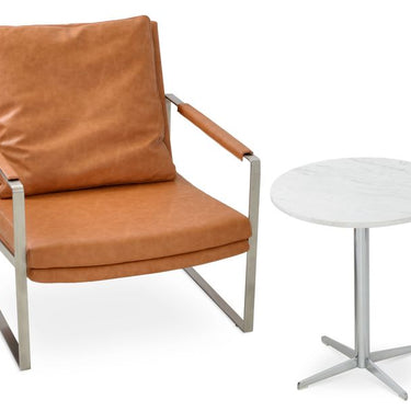 Soho Concept Zara armchair caramel Italian PPM upholstered seat with brushed stainless steel base detail