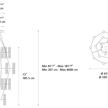 Zephyr chandelier dimensions diagram showing overall height, diameter, canopy size, and individual light element measurements