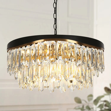 Crystal Chandelier, 9-Light Tiered Design, 21.5", Brass - Zephyrine Glam Lighting 
