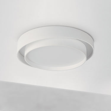 ET2 Ziggurat white two-tier flush mount on a white ceiling near a wall corner, seen from below