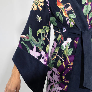 Soft machine-washable vegan silk robe with midi length and signature niLuu gift box.