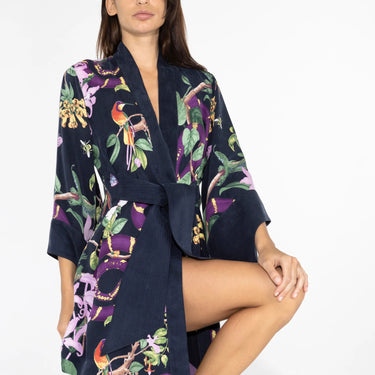 Eco-friendly vegan silk lounge robe perfect for bedroom, spa, travel, or boutique hotels.