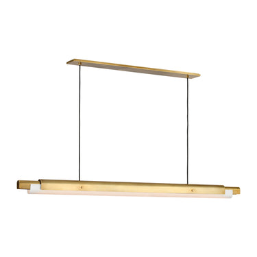 Ambrose 72 chandelier adaptable for sloped ceilings, enhancing a modern restaurant's open dining area.