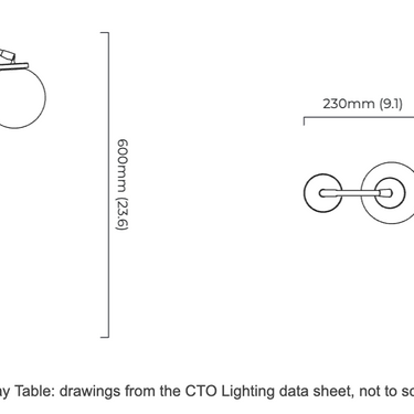 Array Table Lamp drawings from the CTO Lighting data sheet, with dimensions in millimetres and inches