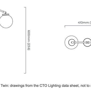 Array Twin Table Lamp drawings from the CTO Lighting data sheet, with dimensions in millimetres and inches