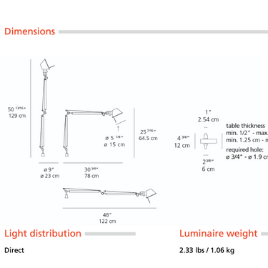 Artemide Tolomeo Classic LED inset pivot lamp dimensions and adjustable reach