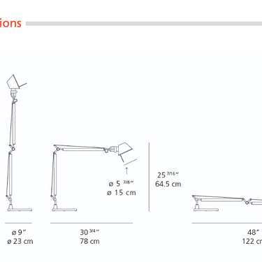 Artemide Tolomeo Classic LED TOL0005 dimensions and adjustment range