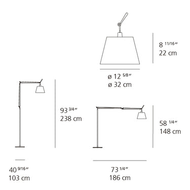 Artemide Tolomeo Mega Silver Fiber LED Floor Lamp dimensions and adjustable reach