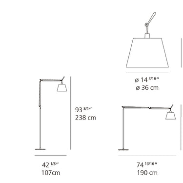 Artemide Tolomeo Mega TLM2104 floor lamp dimensions and adjustable reach