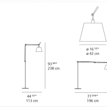 Artemide Tolomeo Mega TLM2108 floor lamp dimensions and maximum adjustable reach