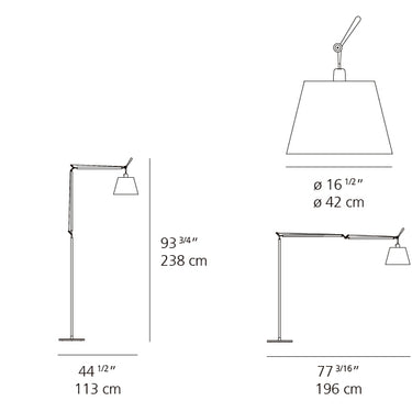Artemide Tolomeo Mega TLM2111 floor lamp dimensions and maximum adjustable reach
